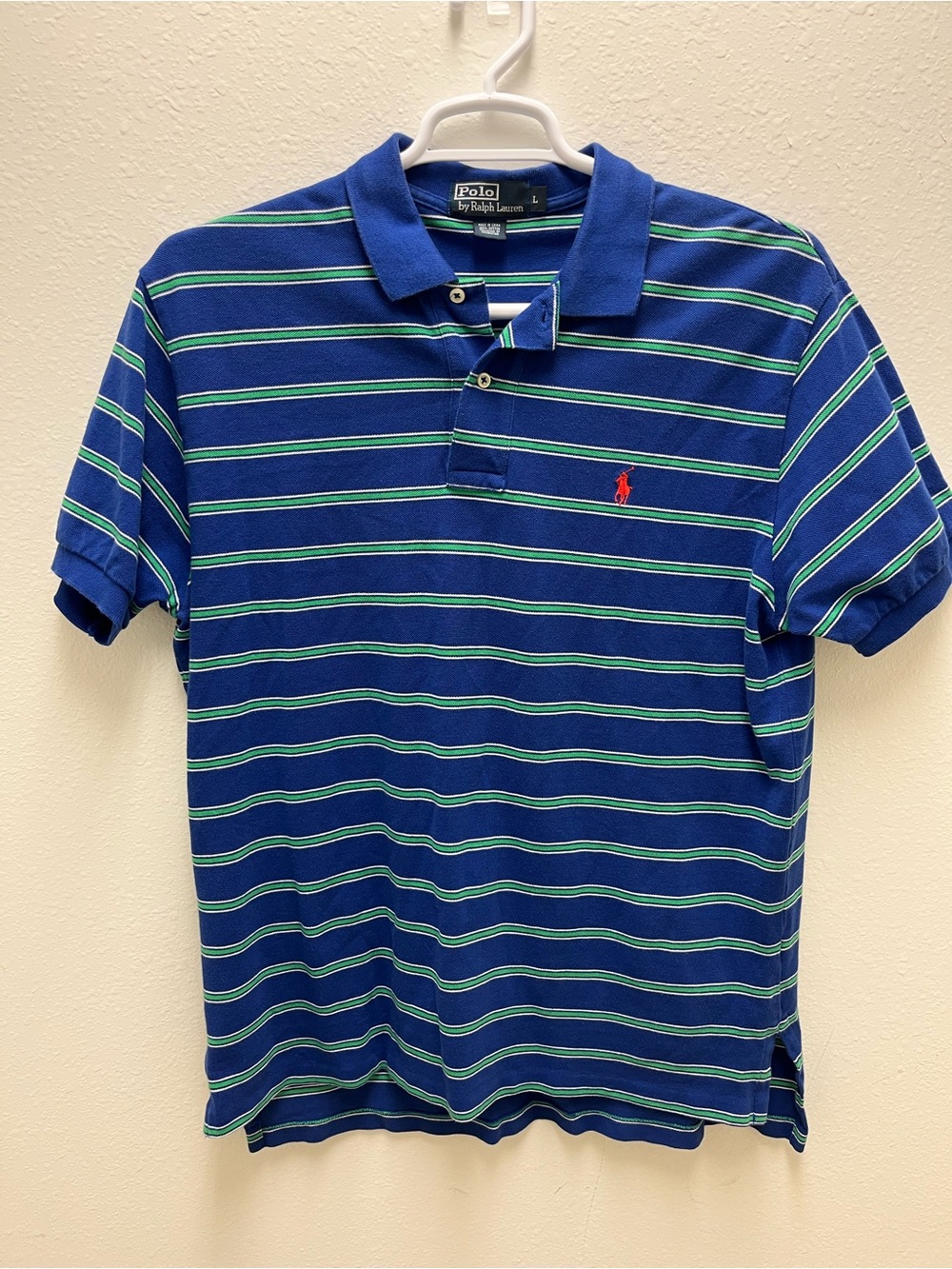 Polo Ralph Lauren Blue Green White Striped Men's Polo Shirt Short Sleeve Size L